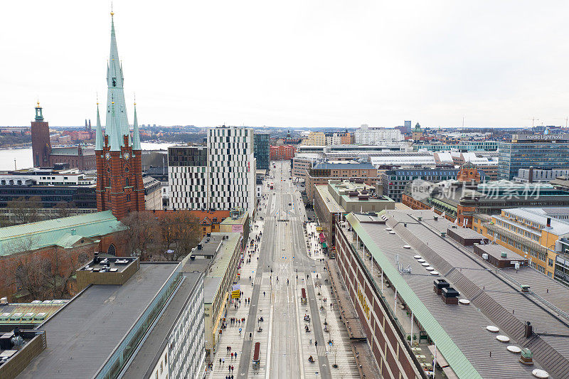 从上面看到的斯德哥尔摩城市，城市景观，Drottninggatan, klarabbergsvagen附近Sergels torg